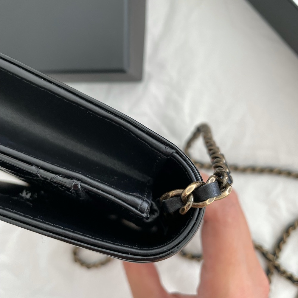 •SOLD to Fashionphile• CHANEL Patent Boy Wallet On Chain WOC Black - Picture 6 of 16